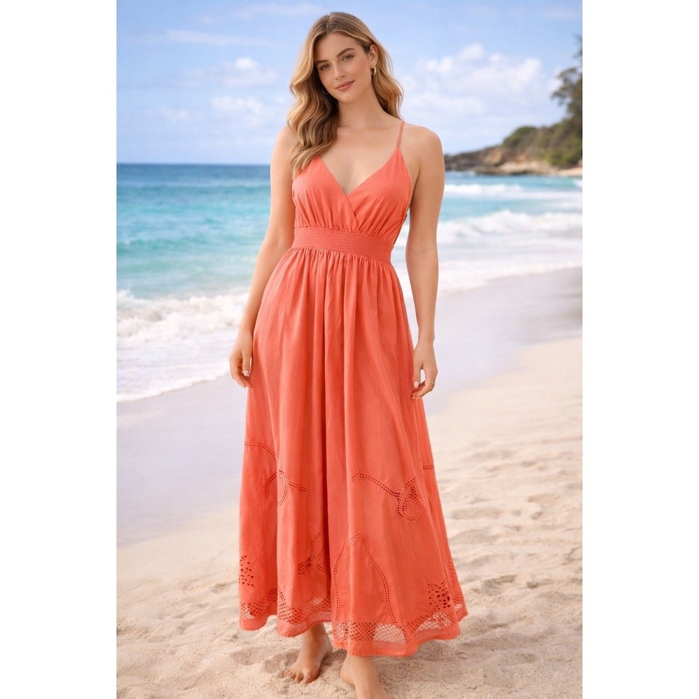 Vineyard Vines Sundress Coral Eyelet Maxi L V-Neck Smocked Waist Summer Beach